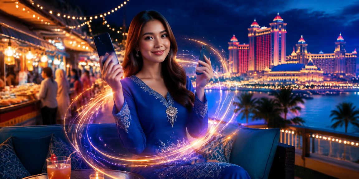 Pemain wanita menggunakan aplikasi kasino mudah alih 289 dengan pakaian baju kurung di Genting